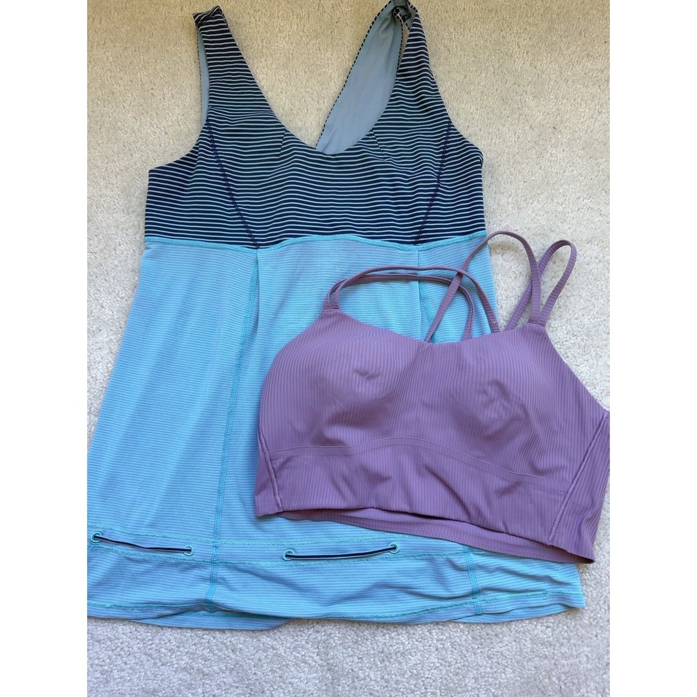 2PC - Lululemon Hustle & Bustle Tank Heathered Blue Moon & Like A Cloud Bra 8